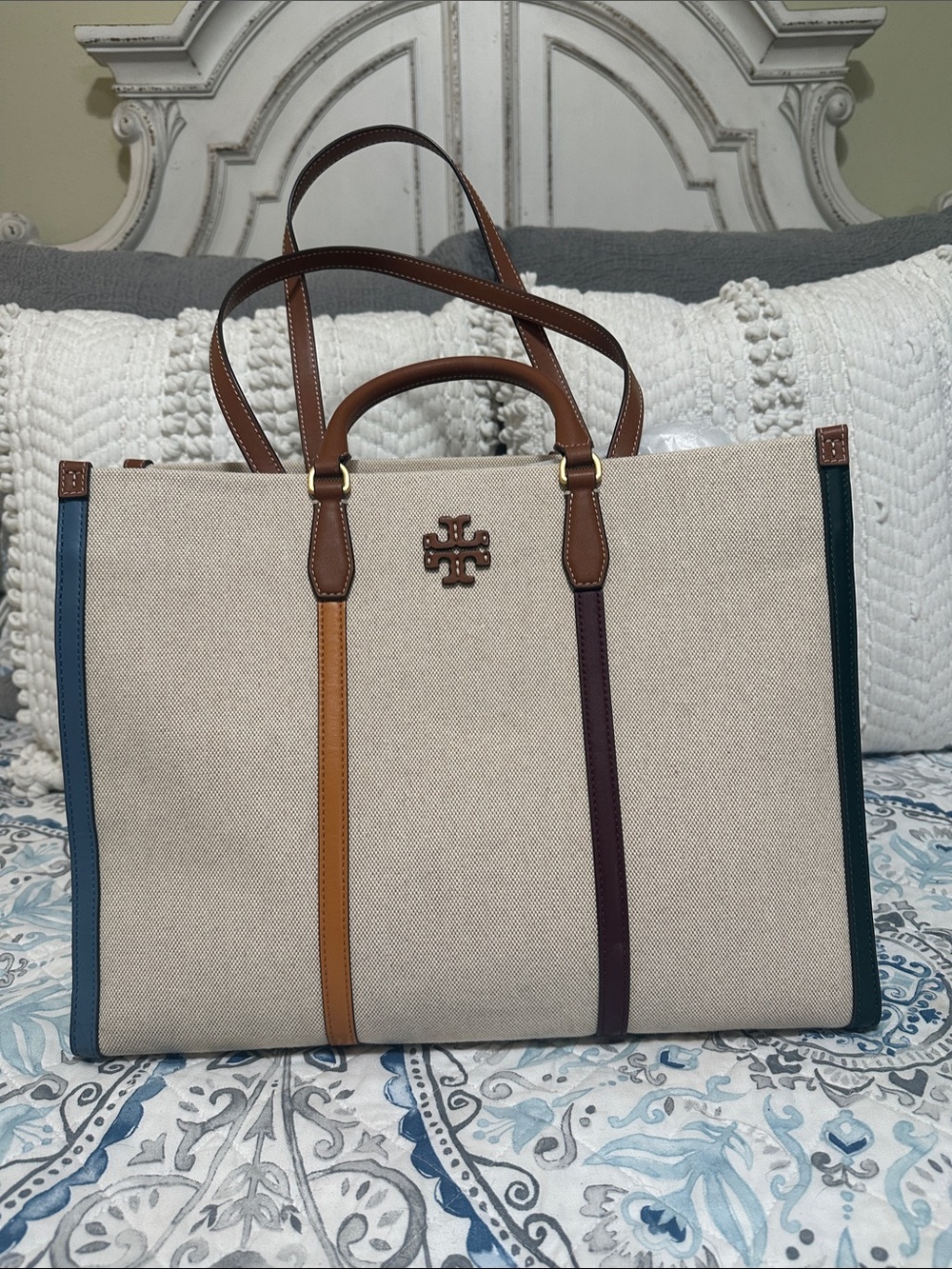 Tory Burch Beige Canvas Blake  Tote with Brown Handles and Multicolor Trim